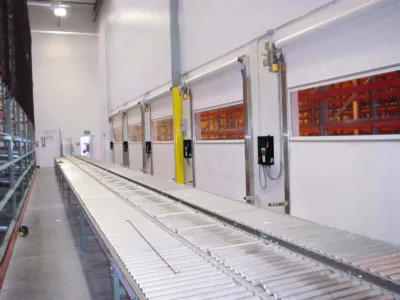 Pharma-Roll-fabric-doors-along-a-warehouse-roller-conveyor